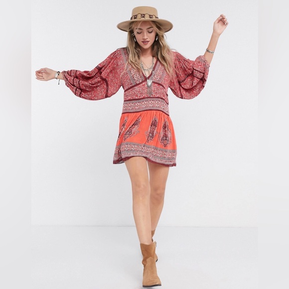 Free People Boho Dress Luna Scarf Print Red Coastal Cowgirl Balloon Sleeves XS - Picture 4 of 15